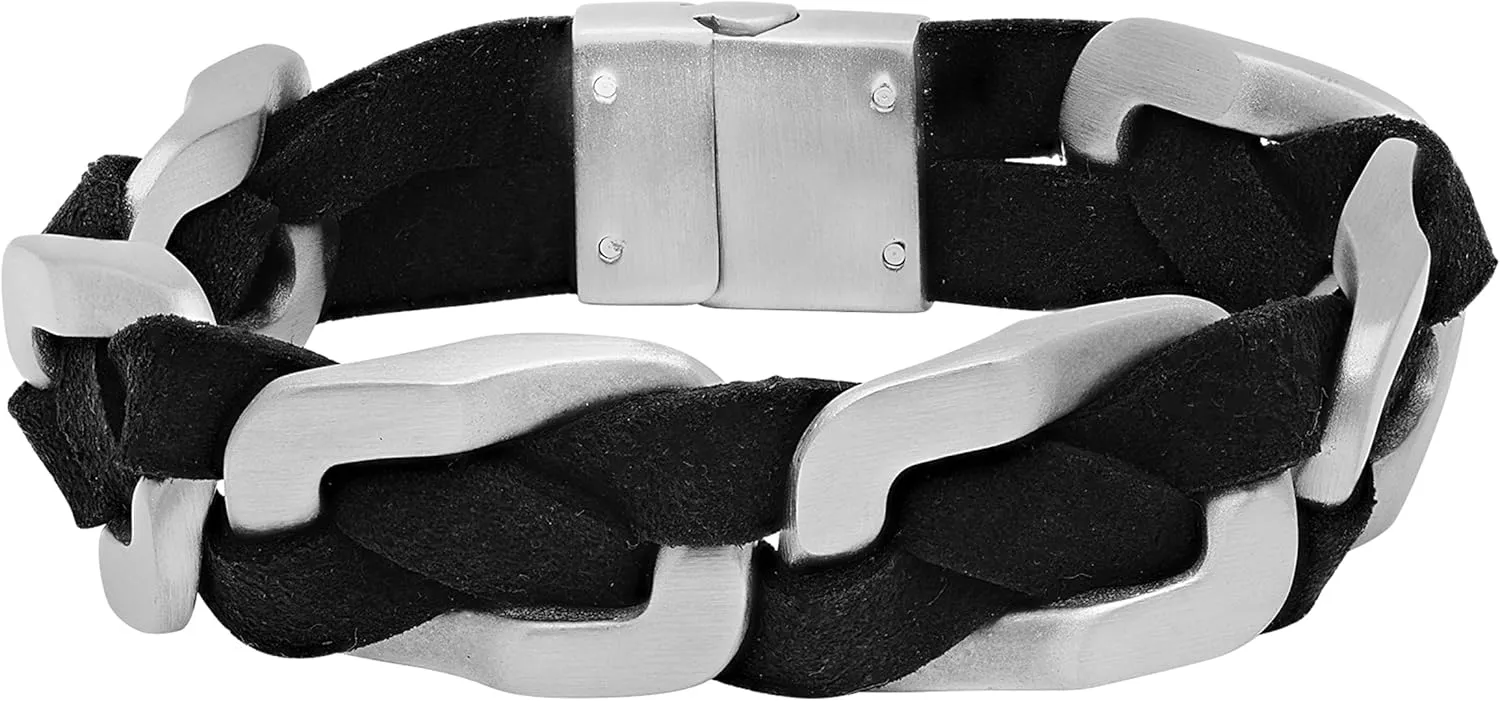 - Men's Stainless Steel Braided Bracelet - Two Tone Silver Black, Snap Clasp, 8.75"