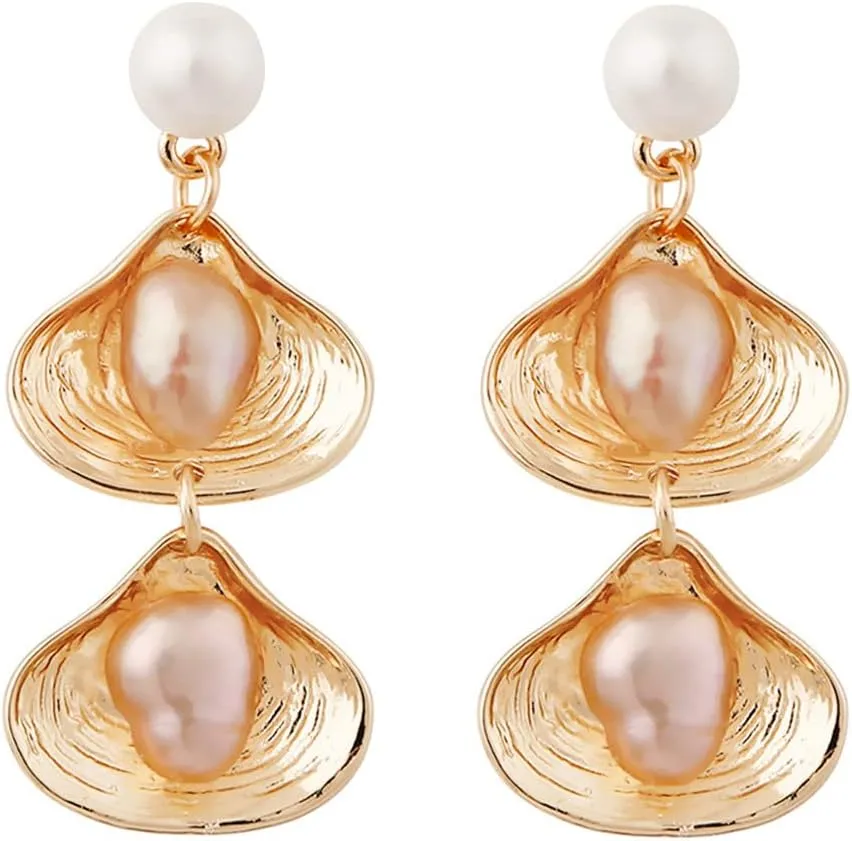 14K Gold Pearl Drop Earrings for Women Trendy Hypoallergenic Girls Shell Pearl Dangle Earrings to Sensitive Ears