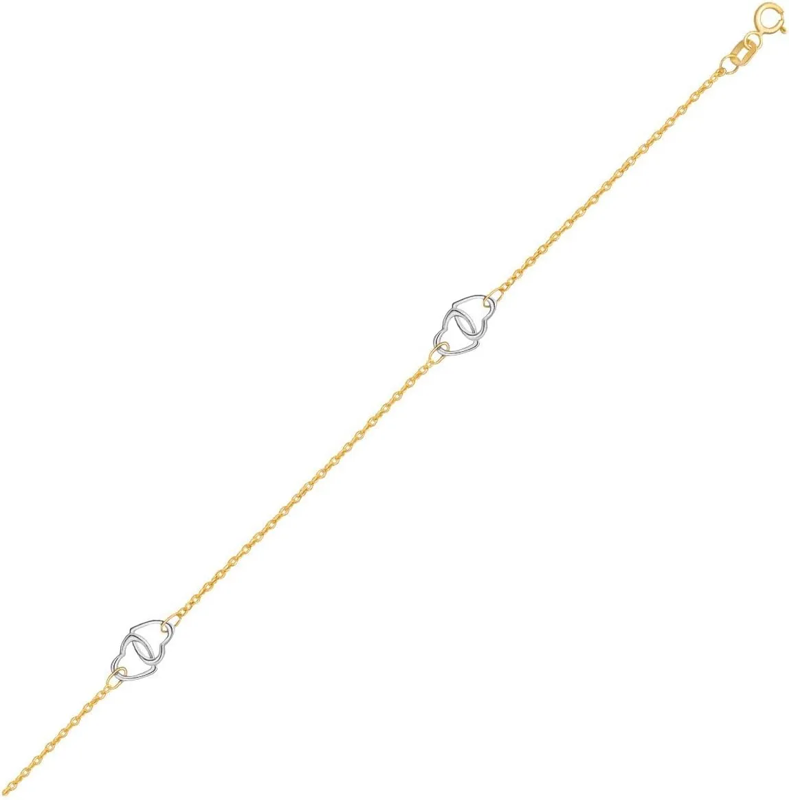 14K Two Tone Gold Entwined Heart Stationed Anklet  Elegant 10 Inches Jewelry for Women