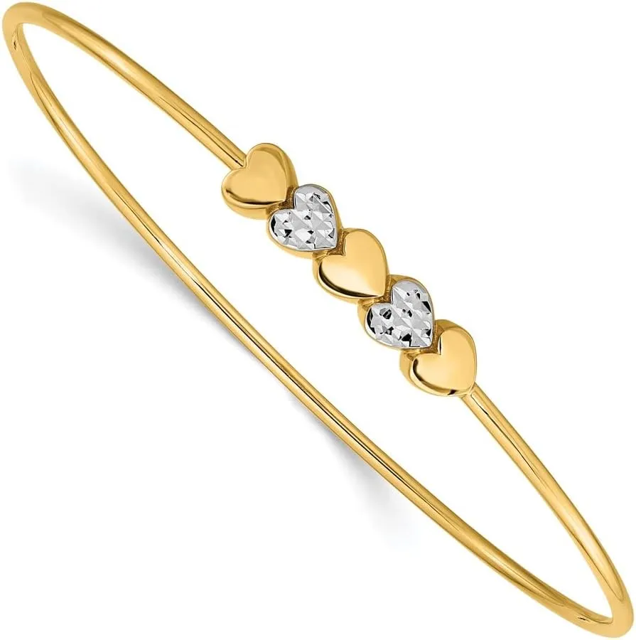 14K Two-Tone Gold Polished Diamond-Cut Hearts Slip On Bangle Bracelet - 7.5"