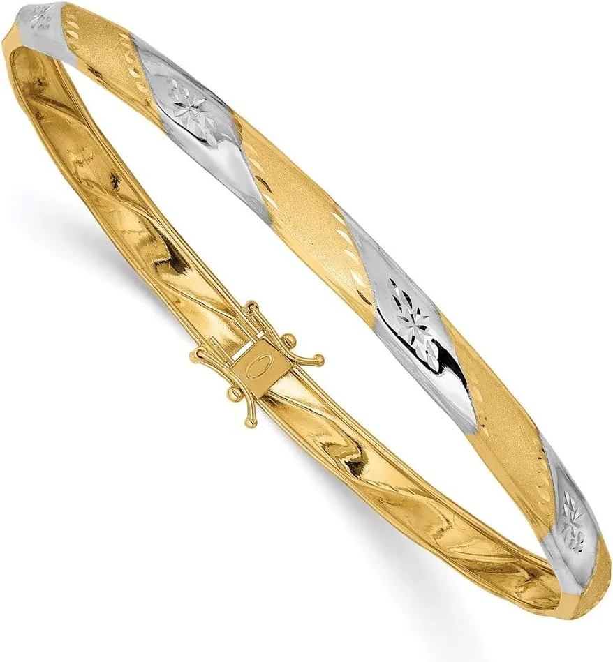 14K Two-Tone Gold Polished Satin Diamond-Cut Flexible Bangle Bracelet
