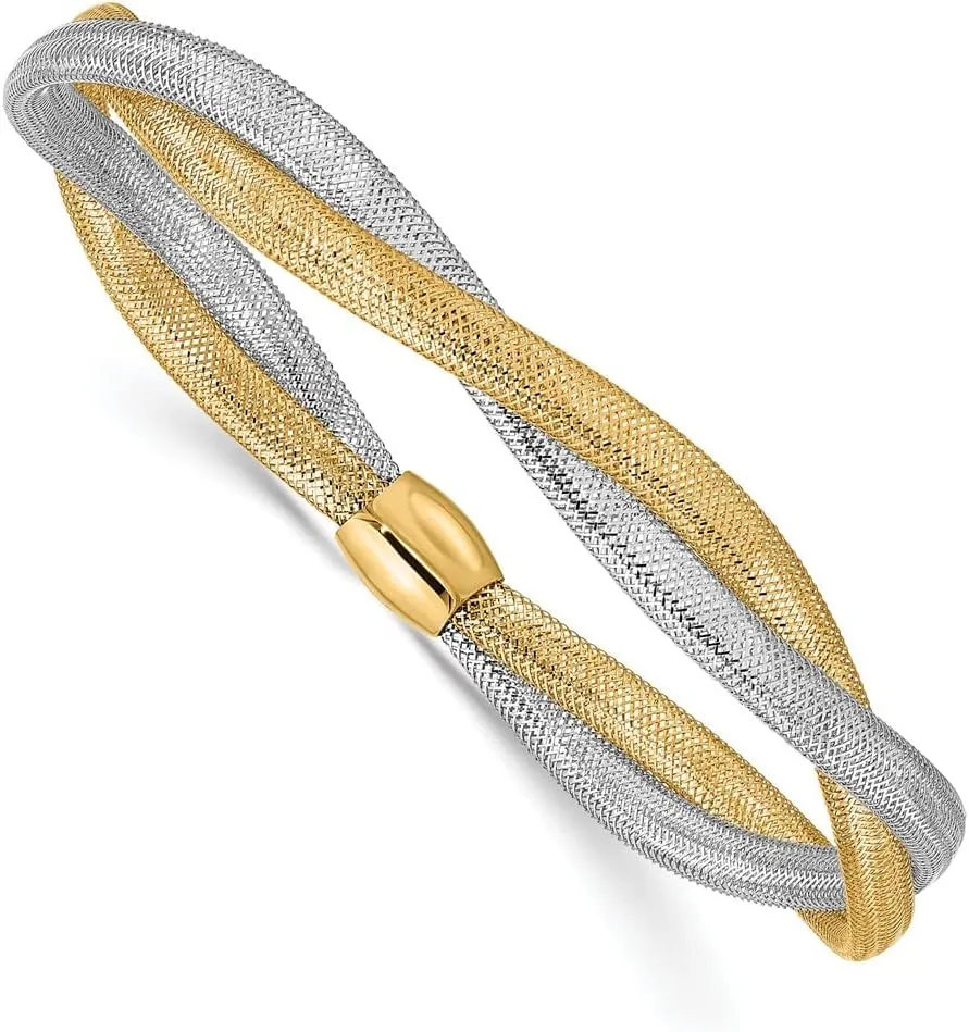 14K Two-Tone Gold Twisted Woven Mesh Stretch Bracelet - 7"