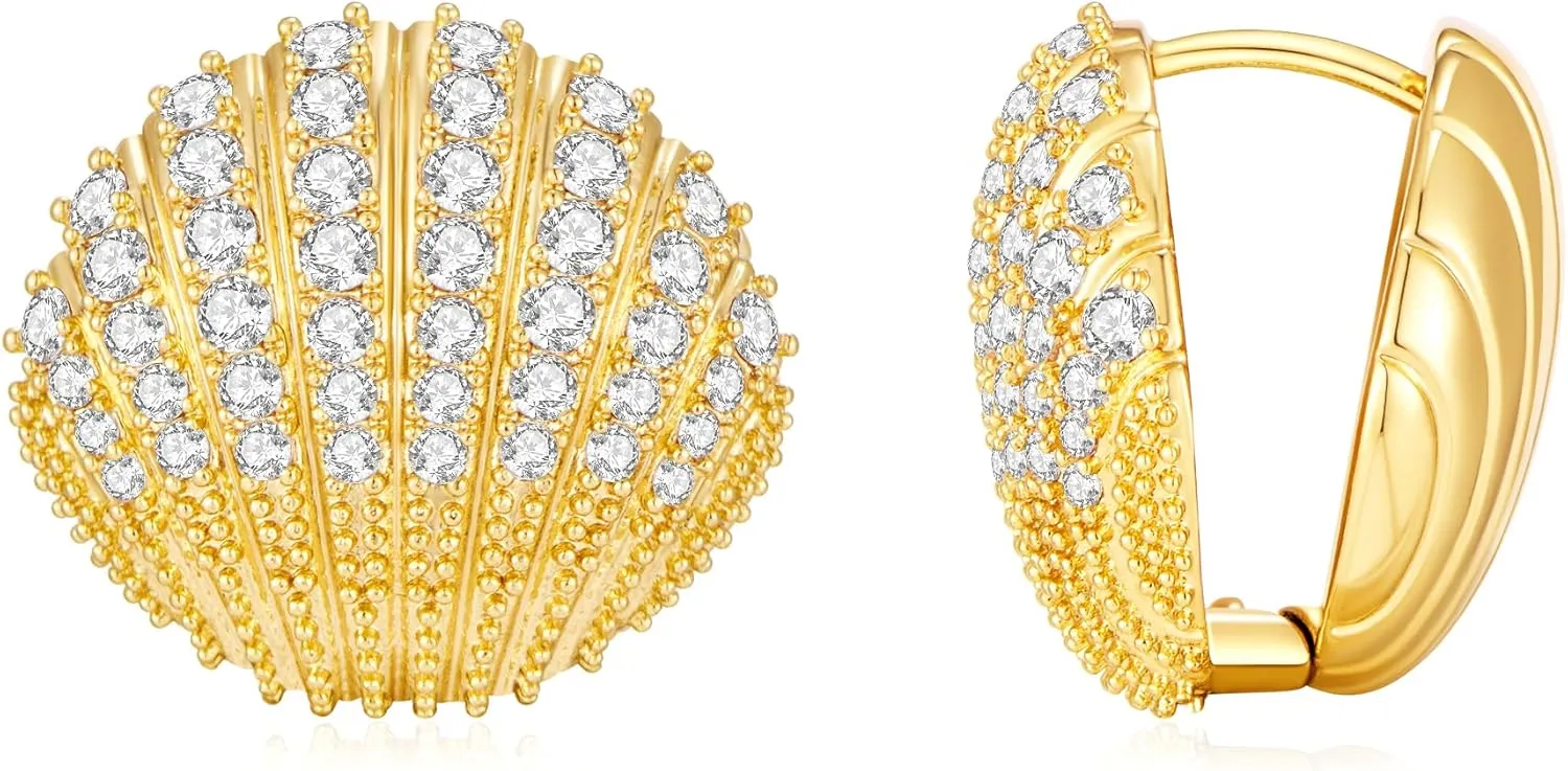 18K Gold Plated Earrings Dainty 3D Shell Studs with CZ Huggie Earrings for Women Chunky Hoop Ocean Summer Jewelry