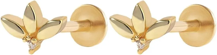 18K Gold Plated Leaf Stud Earrings for Women Small S925 Sterling Silver Cartilage Flat Back Earrings Studs Internally Threaded Conch Helix Tragus Earring Dainty Cartilage Piercing Jewelry