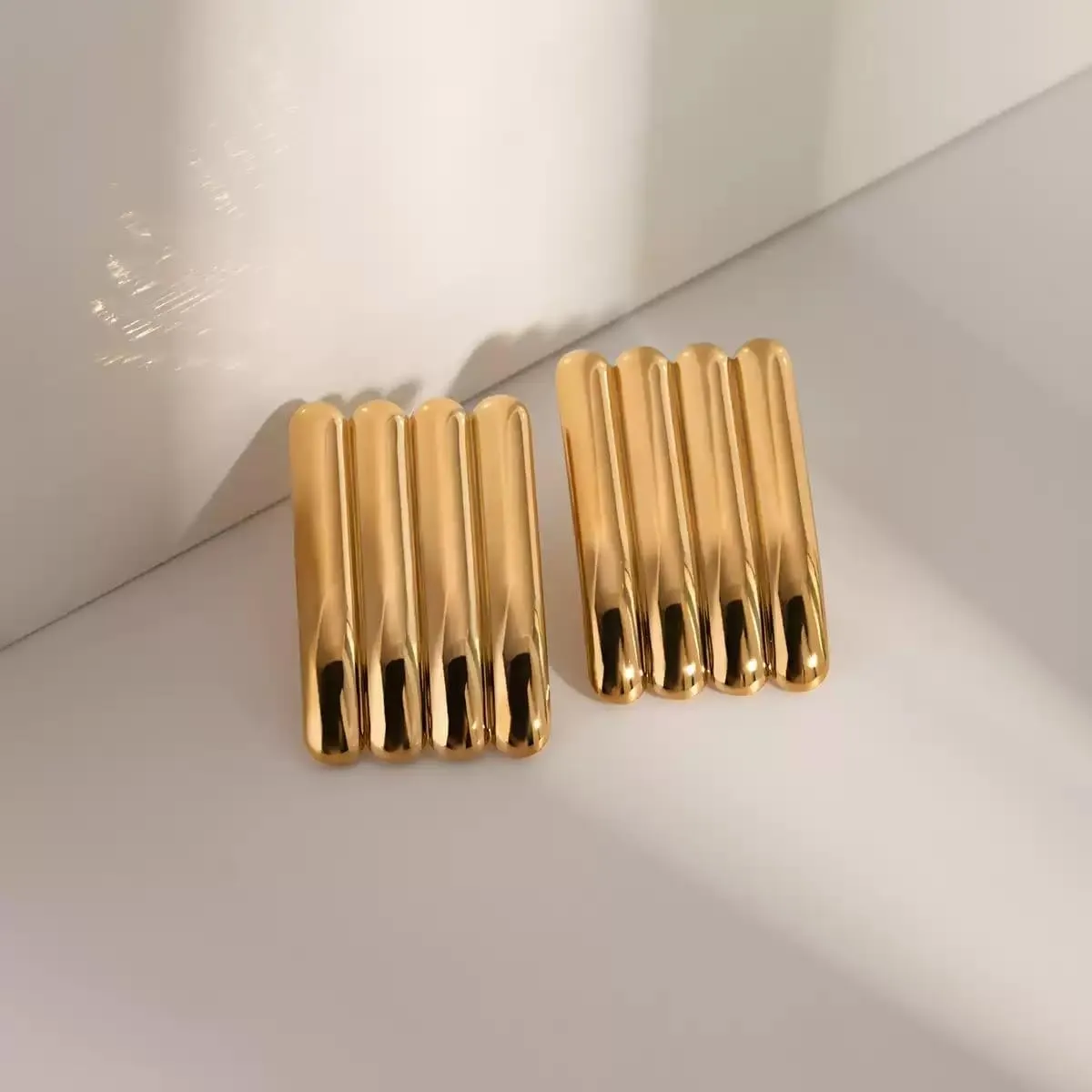 18k Gold Plated Stainless Steel Wide Ear Drops - Stylish Drop & Dangle Earrings for Women  Bold Statement Jewelry, Modern Ribbed Design - Bold Statement Earrings - Modern Geometric Style