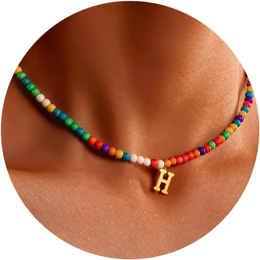 2 Initial Necklaces for Women 1 Colorful Beaded Choker 1 Gold Plated Name Letter Necklaces Cute Trendy Initial Necklace Jewelry for Gifts