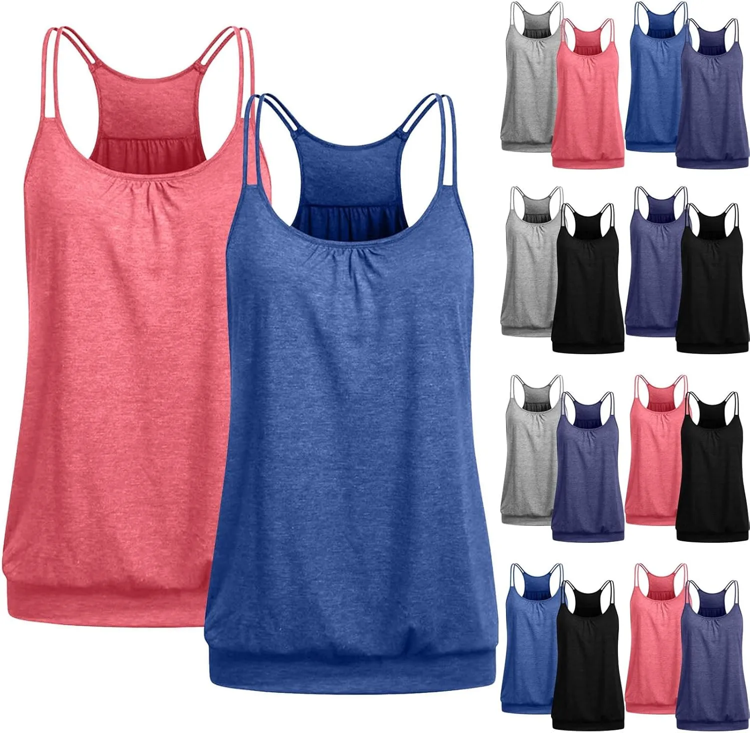2 Pieces Women Camisoles Basic Spaghetti Strap Racerback Stretch Cami Summer Tanks Packs Cover Tummy Blouse Tunic Tees