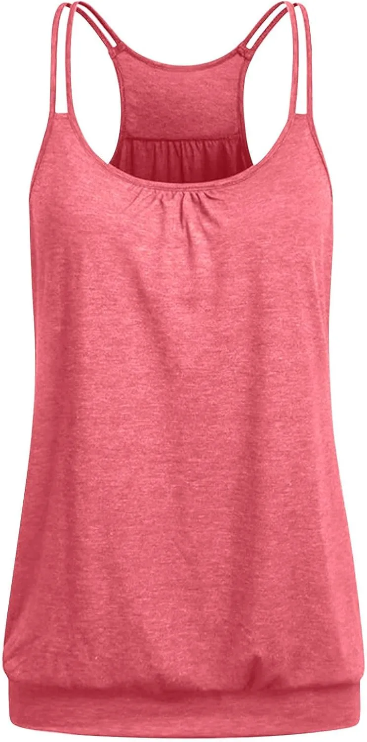 2 Pieces Women Camisoles Basic Spaghetti Strap Racerback Stretch Cami Summer Tanks Packs Cover Tummy Blouse Tunic Tees