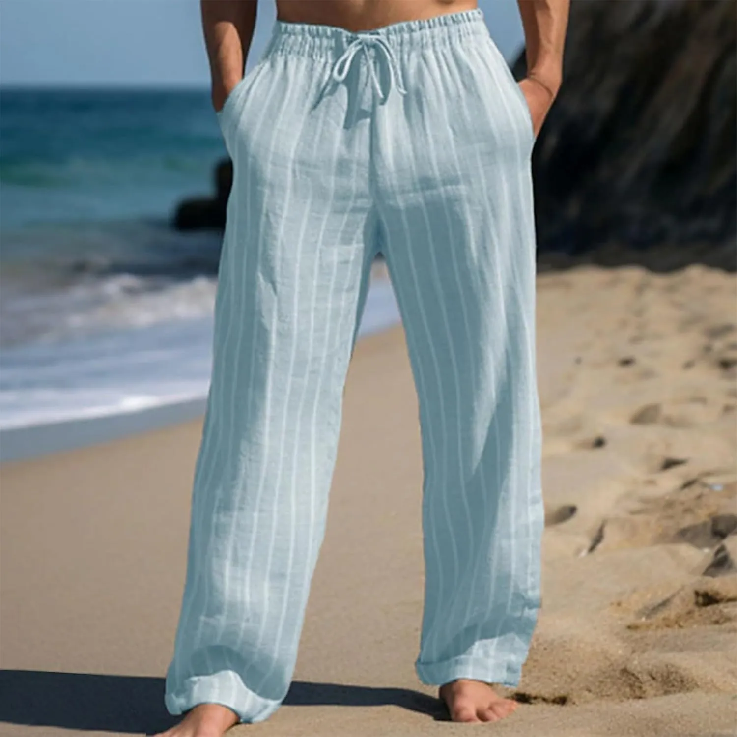 2025 Men's Linen Striped Pants Stretch Waist Comfortable Breathable Straight Pants
