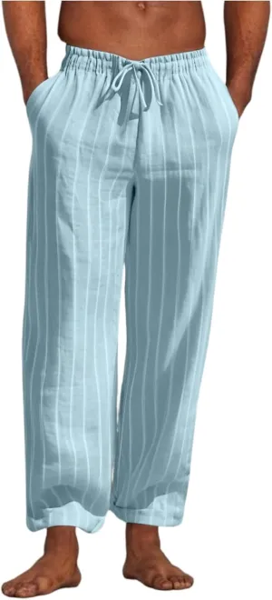 2025 Men's Linen Striped Pants Stretch Waist Comfortable Breathable Straight Pants