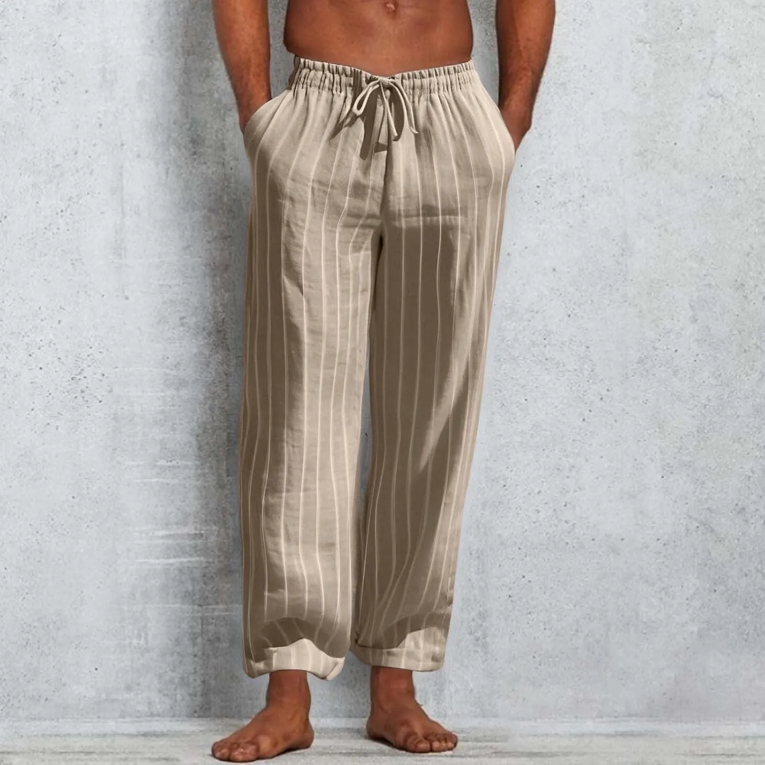 2025 Men's Linen Striped Pants Stretch Waist Comfortable Breathable Straight Pants