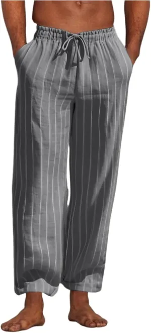 2025 Men's Linen Striped Pants Stretch Waist Comfortable Breathable Straight Pants