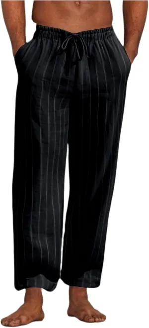 2025 Men's Linen Striped Pants Stretch Waist Comfortable Breathable Straight Pants