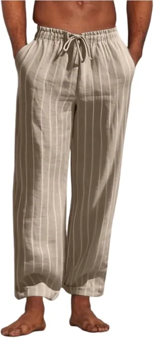 2025 Men's Linen Striped Pants Stretch Waist Comfortable Breathable Straight Pants