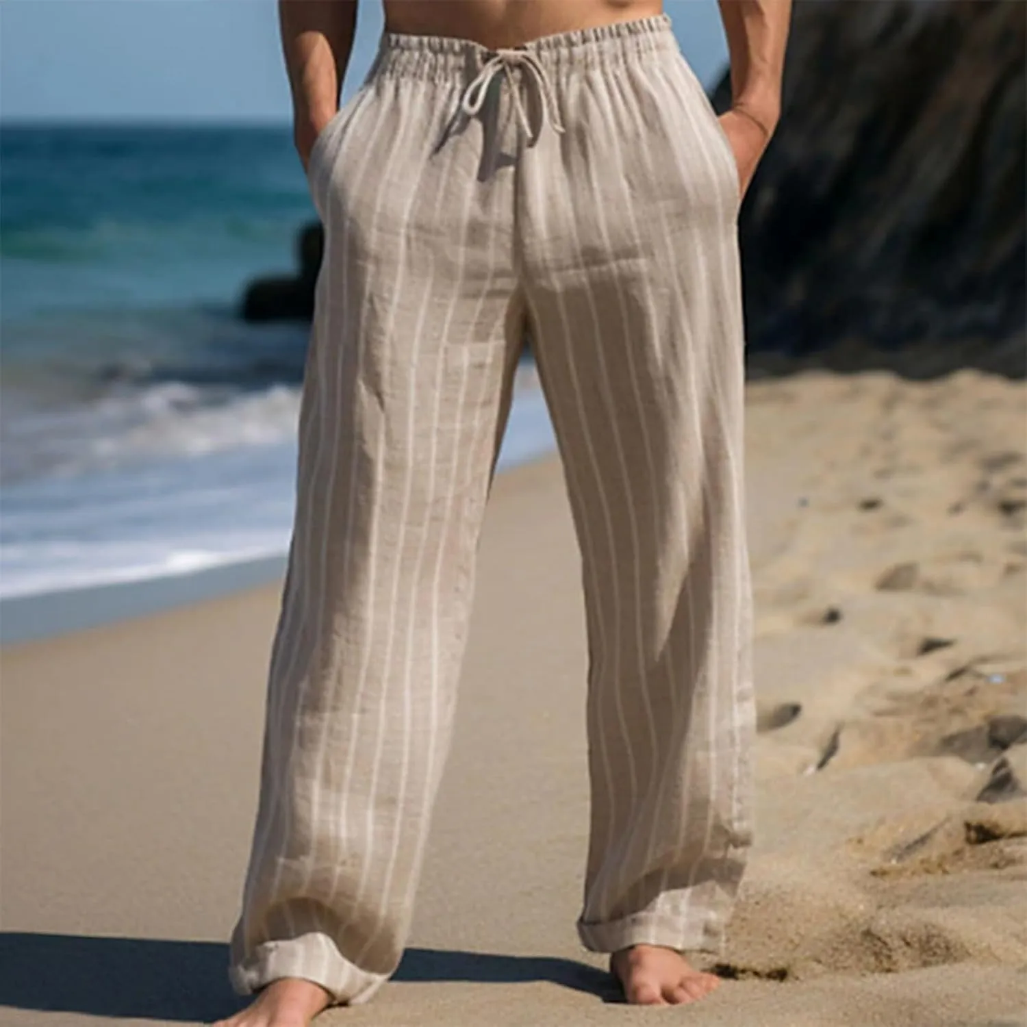 2025 Men's Linen Striped Pants Stretch Waist Comfortable Breathable Straight Pants