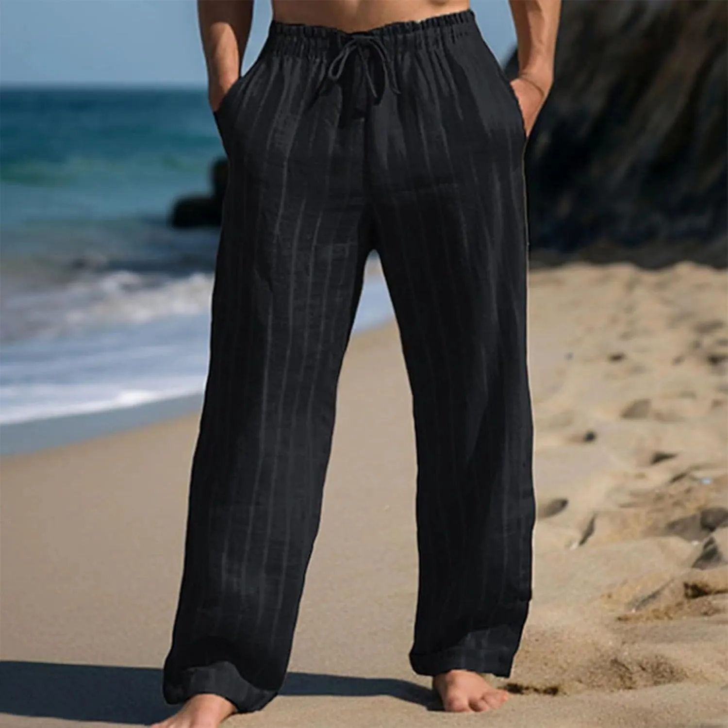 2025 Men's Linen Striped Pants Stretch Waist Comfortable Breathable Straight Pants