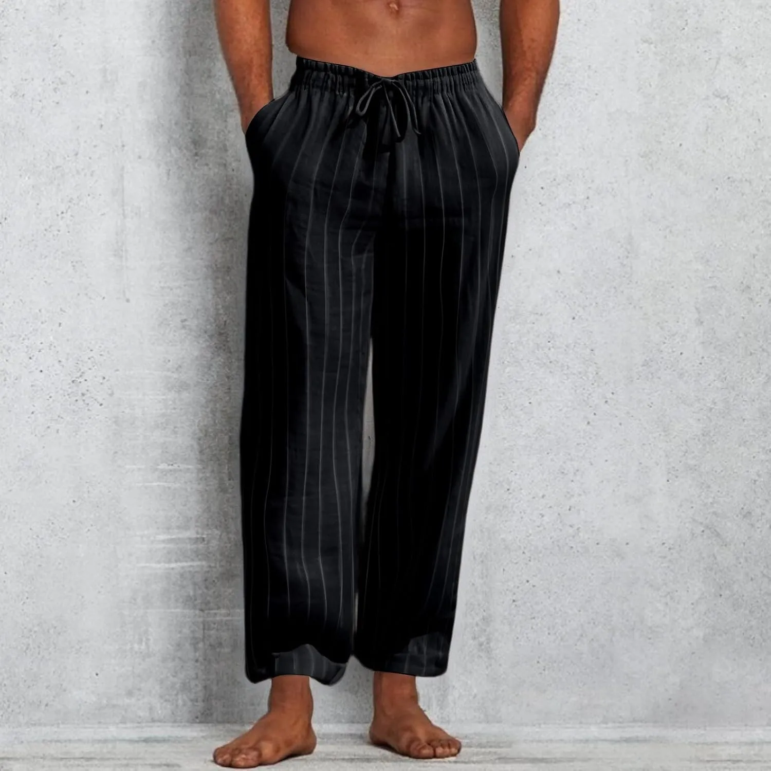 2025 Men's Linen Striped Pants Stretch Waist Comfortable Breathable Straight Pants