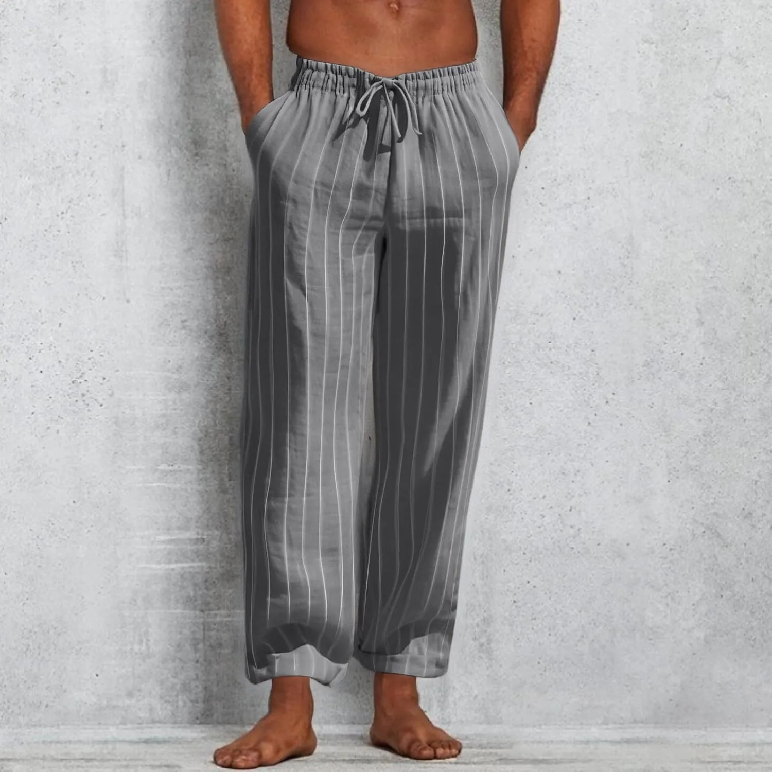 2025 Men's Linen Striped Pants Stretch Waist Comfortable Breathable Straight Pants