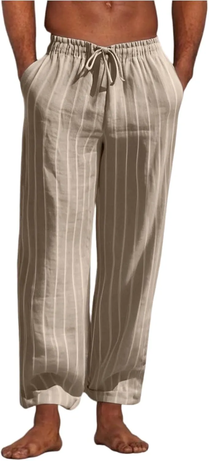 2025 Men's Linen Striped Pants Stretch Waist Comfortable Breathable Straight Pants