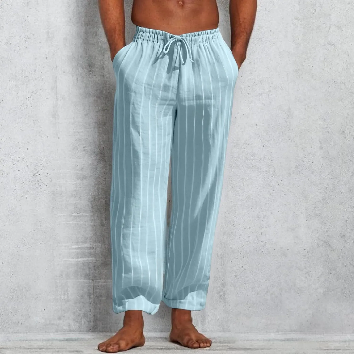 2025 Men's Linen Striped Pants Stretch Waist Comfortable Breathable Straight Pants
