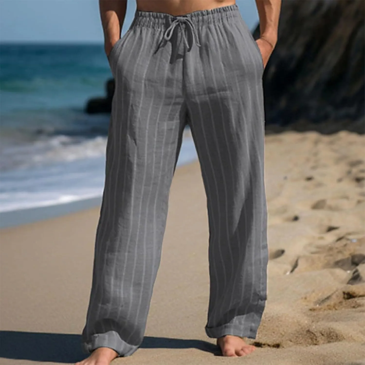 2025 Men's Linen Striped Pants Stretch Waist Comfortable Breathable Straight Pants