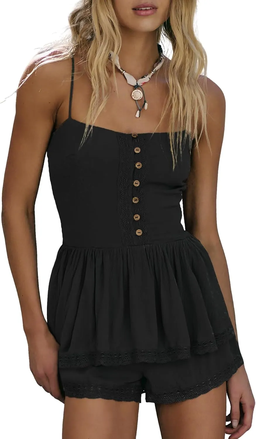 2025 Summer Casual Rompers for Women Beach Vacation,Short Spaghetti Strap Jumpsuit Tie Smocked Ruffle Rompers Black