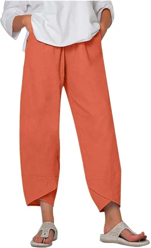 2025 Women's Linen Nine-Tenths Pants - Trendy High Waist Comfortable Summer Solid Color Casual Cropped Trousers