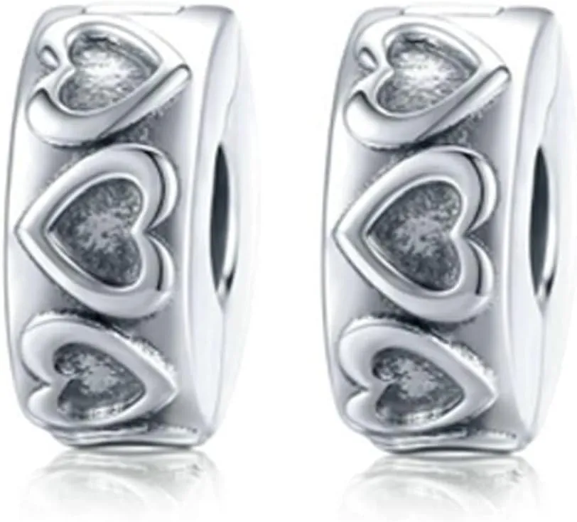 2pc Clip Spacer Charm Bracelets for Women 925 Sterling Silver Blue White Crystal Charm Clip Lock Spacer Stopper Charm Bead for Bracelet (Silver Love-2PC)