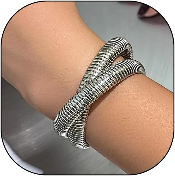 2Pcs Chunky Gold Bracelet for Women Men Flexible Wide 10MM Two Tone Stretch Bracelet Elastic Snake Chain Wristband Bangle Bracelet Dainty Jewelry Gifts