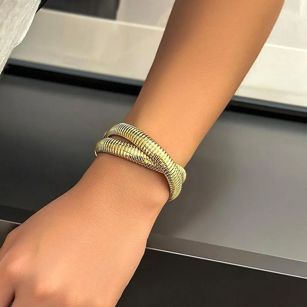 2Pcs Chunky Gold Bracelet for Women Men Flexible Wide 10MM Two Tone Stretch Bracelet Elastic Snake Chain Wristband Bangle Bracelet Dainty Jewelry Gifts