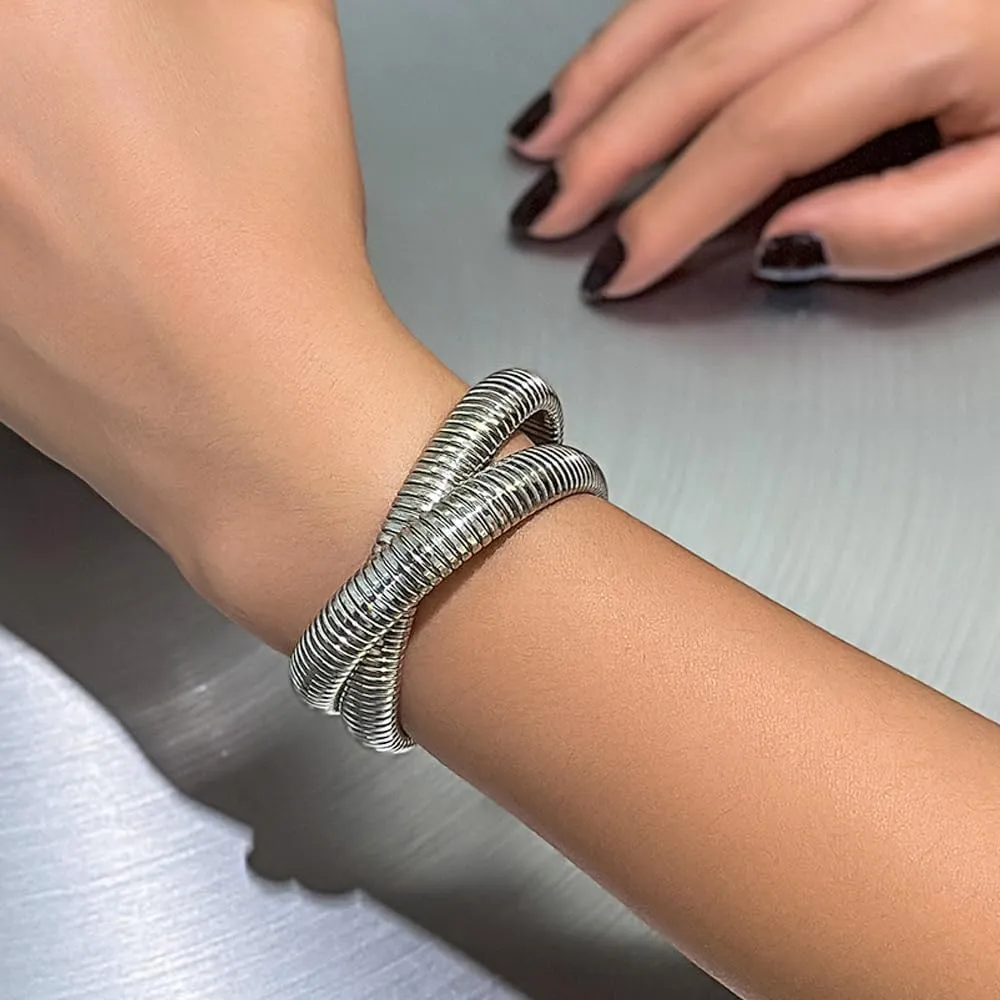 2Pcs Chunky Gold Bracelet for Women Men Flexible Wide 10MM Two Tone Stretch Bracelet Elastic Snake Chain Wristband Bangle Bracelet Dainty Jewelry Gifts