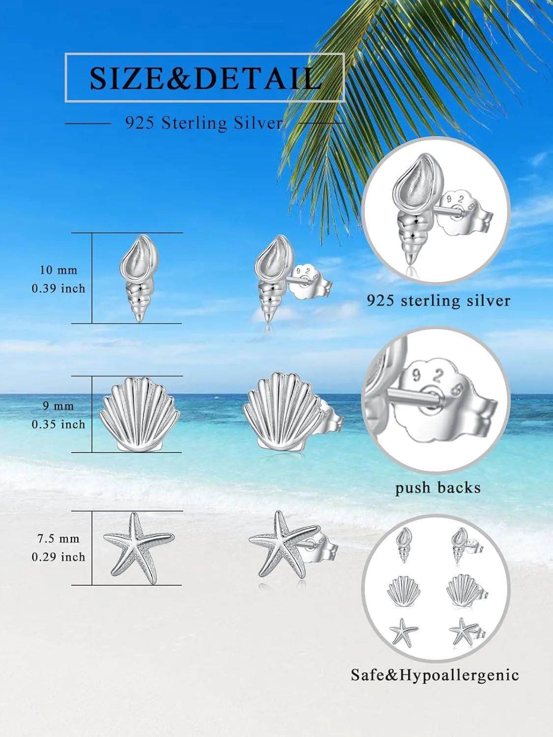 3 Pairs 925 Sterling Silver Stud Earrings Set Earrings for Women