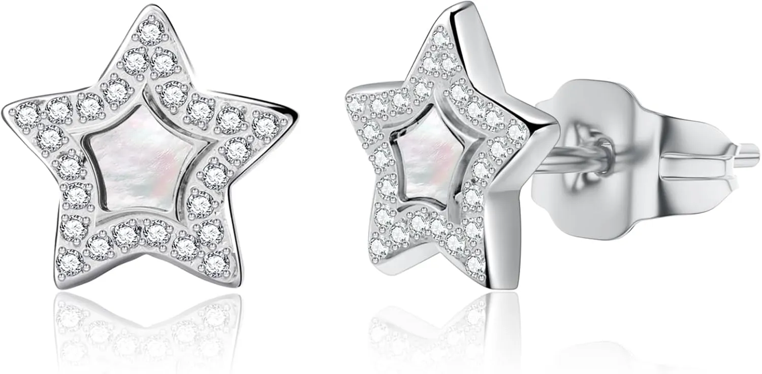 3 Pairs Shell Earrings for Women, Gold Plated Cubic Zirconia Star, Heart, Round, Hypoallergenic 316L Stainless Steel, Elegant Beach Earrings, Perfect Valentines Day, Christmas, and Mothers Day Gift