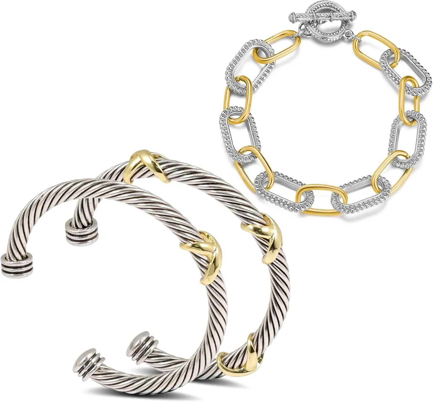 3 Pcs Cuff Bracelet for Women Twisted Cable Bracelet Gold and Silver Chain Link Bracelets Two Tone Charm Bangle Bracelet Jewelry (3PCS - Paperclip)