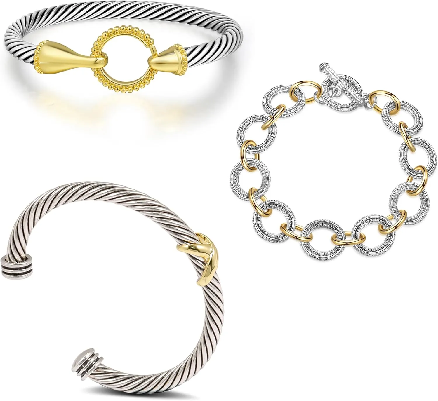 3 Pcs Cuff Bracelets for Women Cable Wire Bracelet - Two Tone Twisted Bangle Bracelet Stackable - Gold Hook Silver Cuff Vintage Heart Bracelets Jewelry