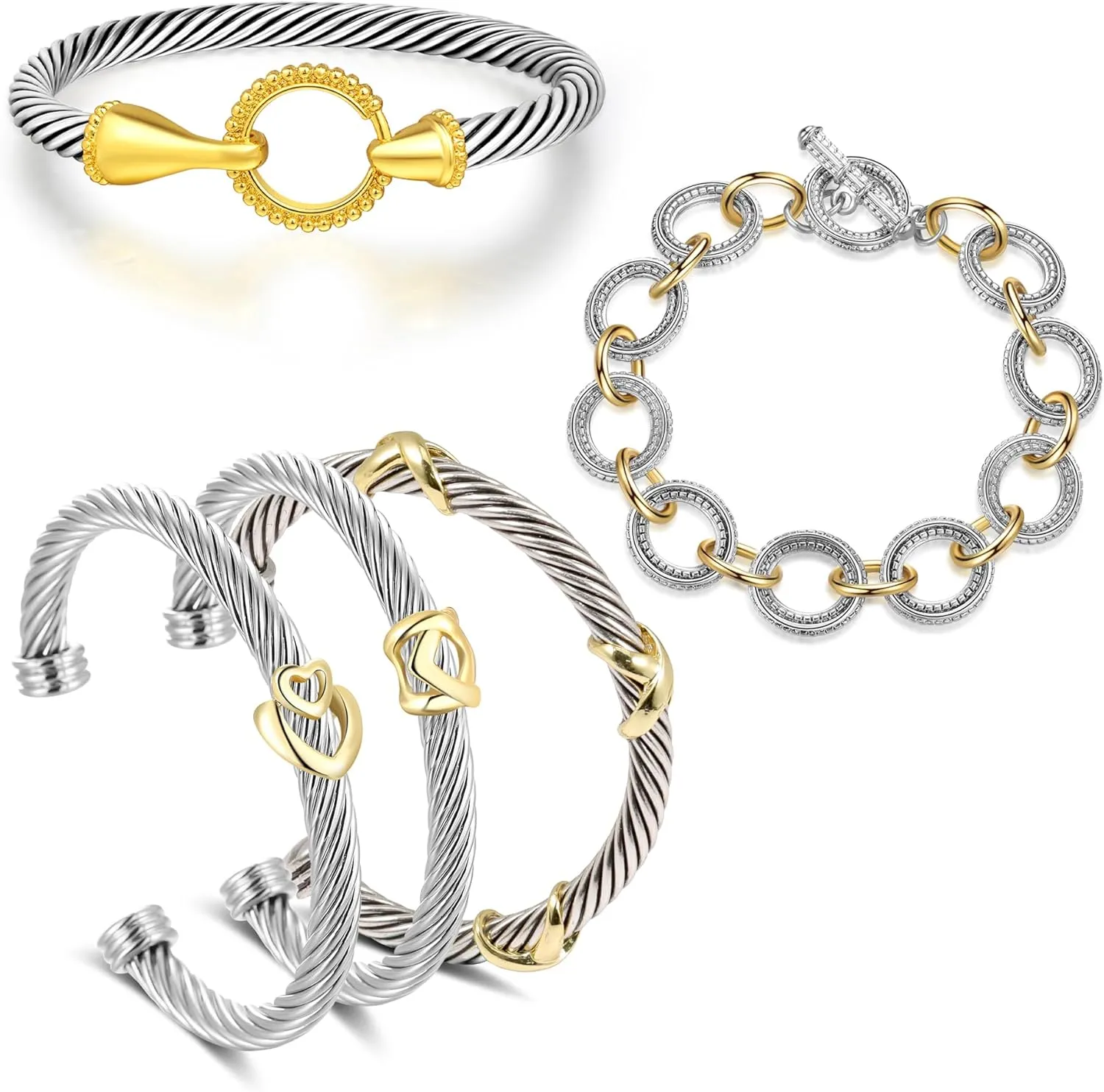 5 Pcs Cuff Bracelets for Women Cable Wire Bracelet - Two Tone Twisted Bangle Bracelet Stackable - Gold Hook Silver Cuff Heart Vintage Bracelets Jewelry