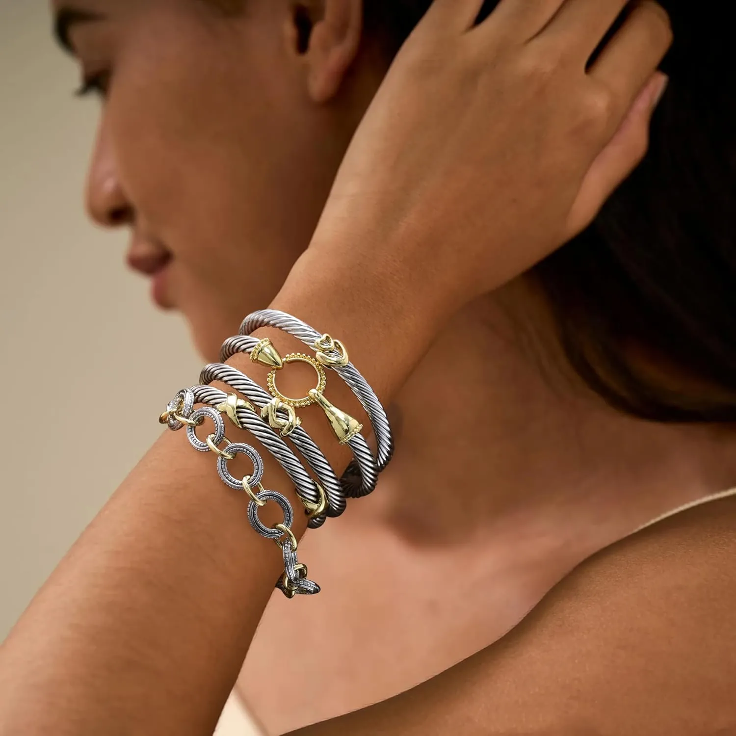 5 Pcs Cuff Bracelets for Women Cable Wire Bracelet - Two Tone Twisted Bangle Bracelet Stackable - Gold Hook Silver Cuff Heart Vintage Bracelets Jewelry