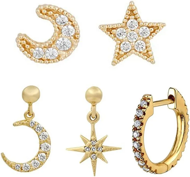 5 Pieces Minimalist Gold Chic Dangle Drop Huggie Hoop Studs Earrings Gold for Women CZ Earrings Tiny Star Crescent Moon Cartilage Helix Personalized Gifts Jewelry Set
