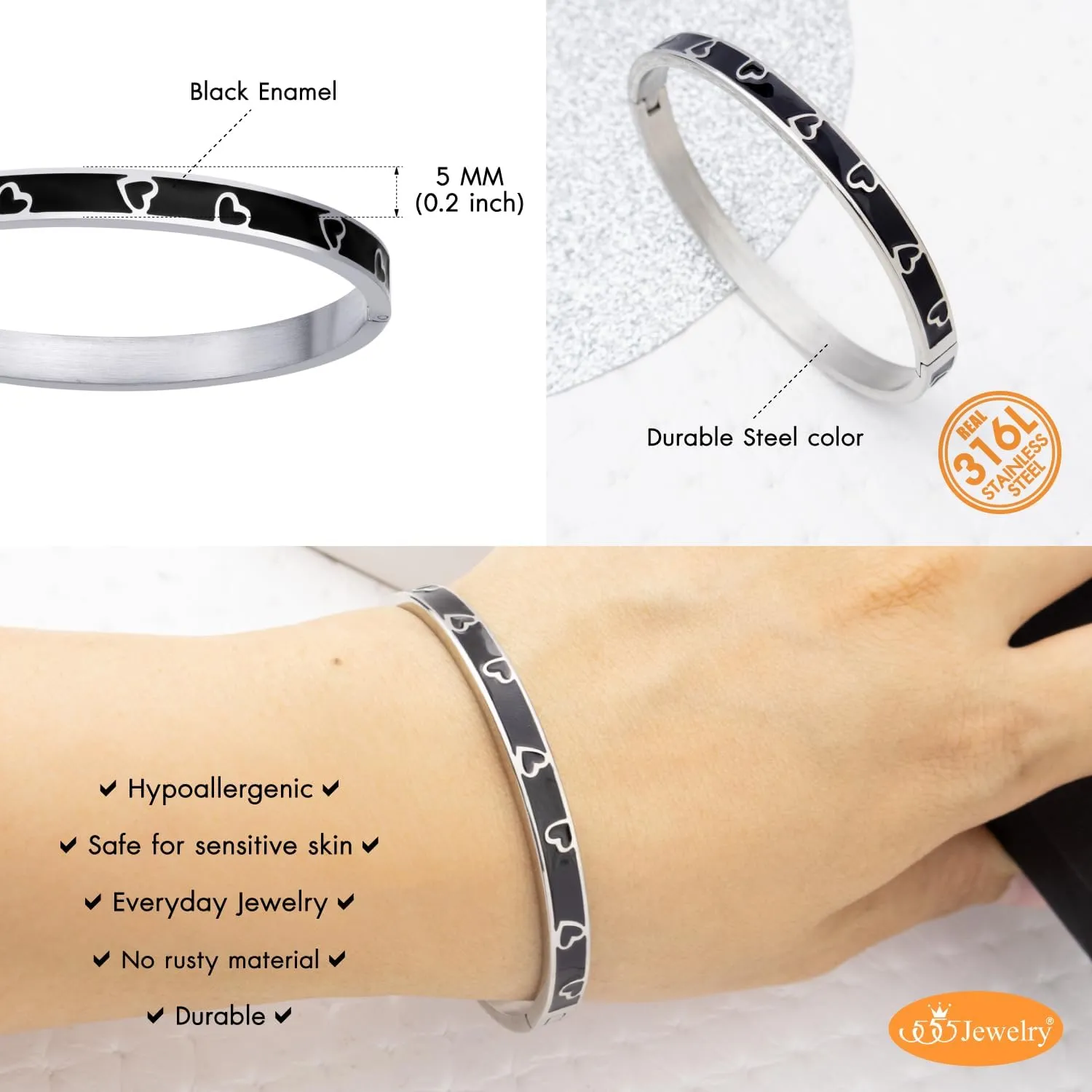 555Jewelry Wide Stainless Steel Bracelet Geometric Triangle Heart Enamel Bangle Bracelets for Women Two Tone Hinged Arm Cuff Jewelry for Women