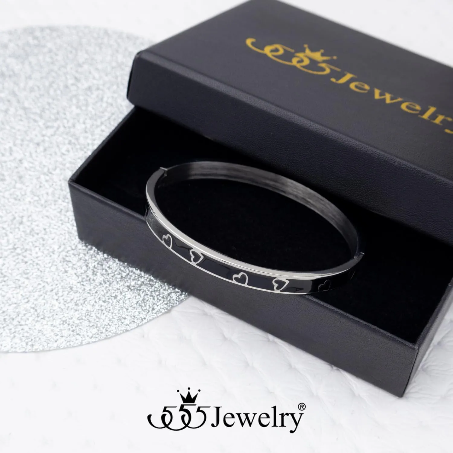 555Jewelry Wide Stainless Steel Bracelet Geometric Triangle Heart Enamel Bangle Bracelets for Women Two Tone Hinged Arm Cuff Jewelry for Women
