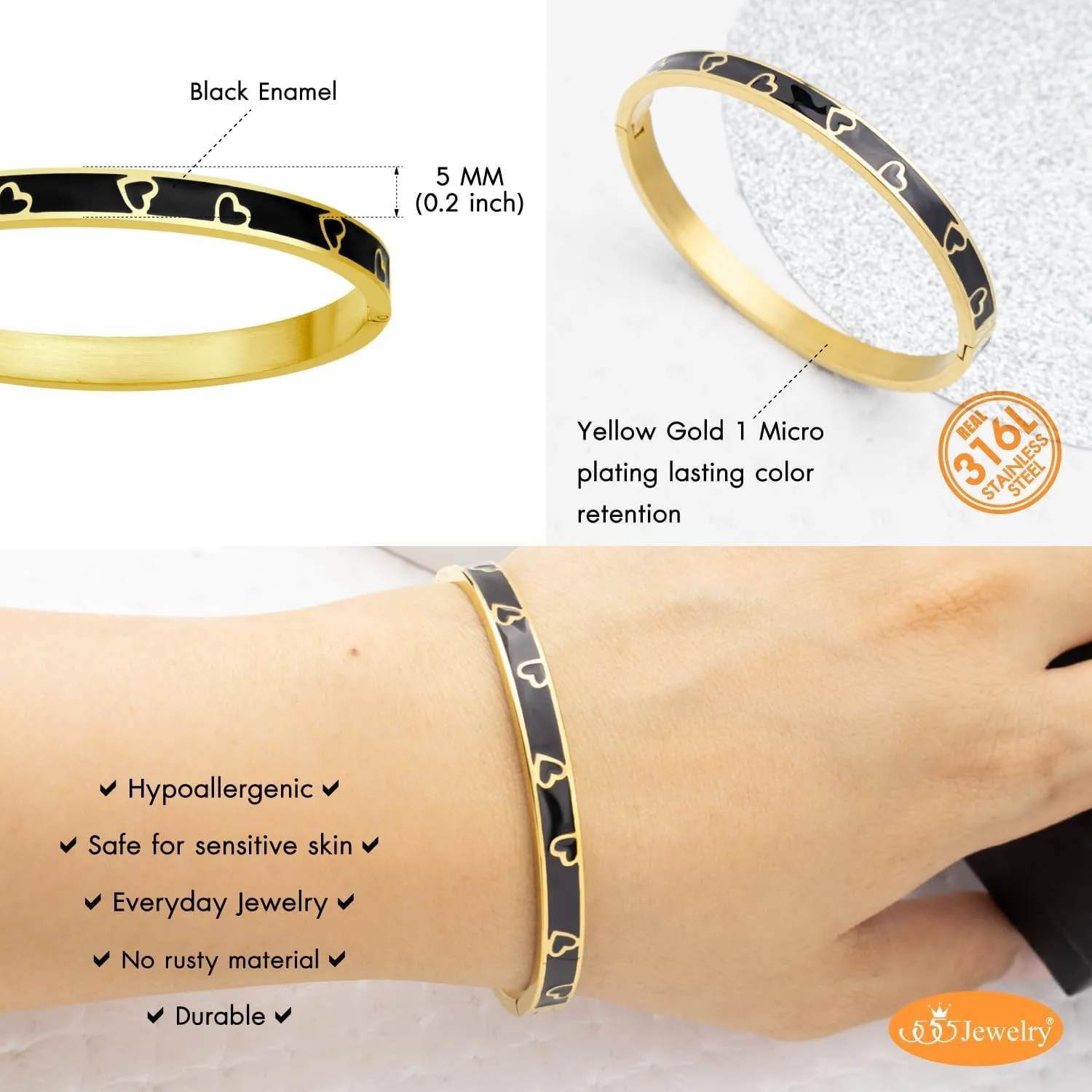 555Jewelry Wide Stainless Steel Bracelet Geometric Triangle Heart Enamel Bangle Bracelets for Women Two Tone Hinged Arm Cuff Jewelry for Women