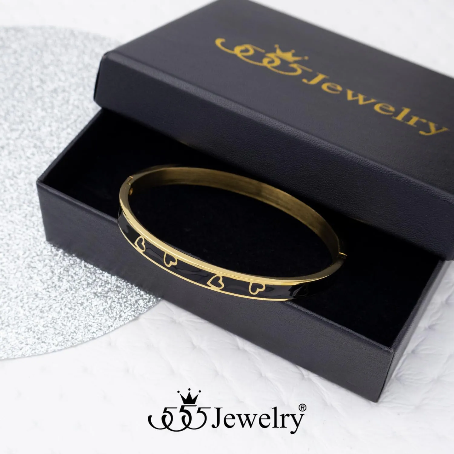 555Jewelry Wide Stainless Steel Bracelet Geometric Triangle Heart Enamel Bangle Bracelets for Women Two Tone Hinged Arm Cuff Jewelry for Women