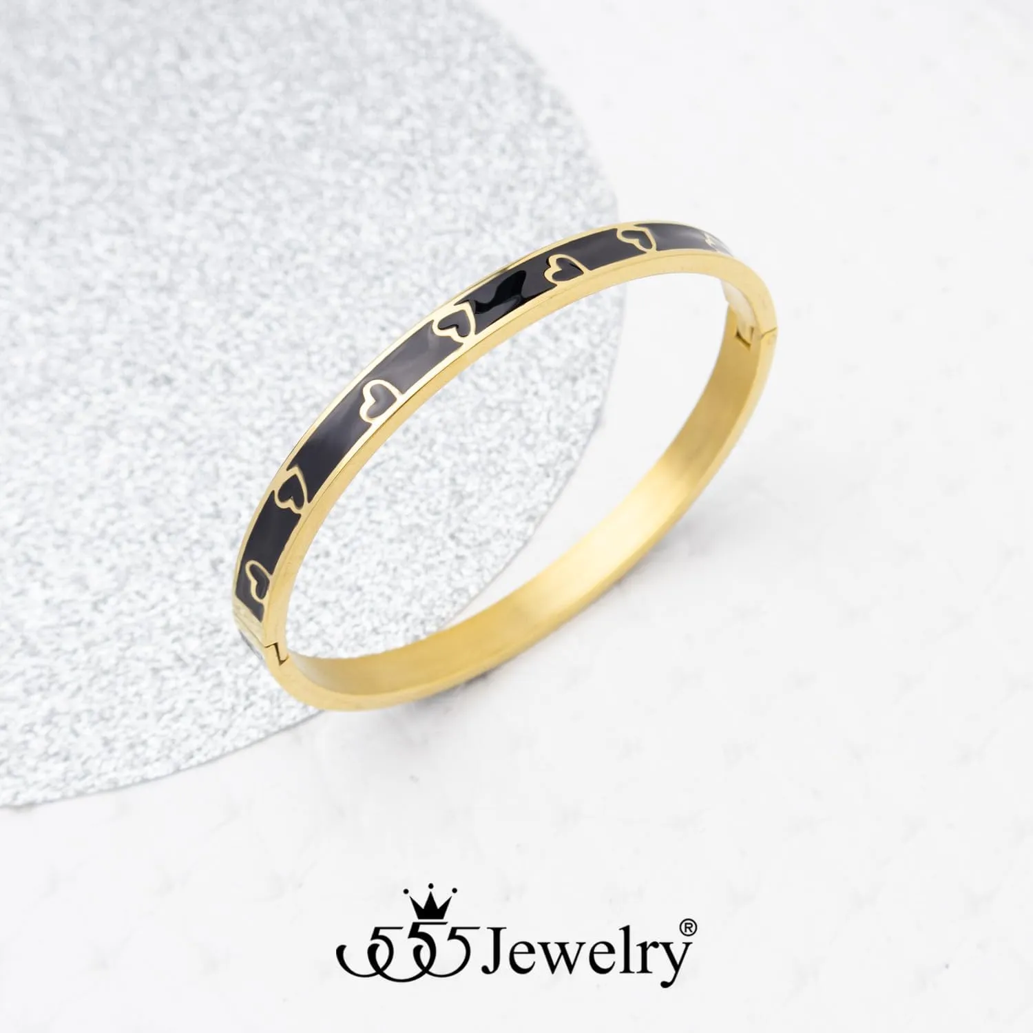 555Jewelry Wide Stainless Steel Bracelet Geometric Triangle Heart Enamel Bangle Bracelets for Women Two Tone Hinged Arm Cuff Jewelry for Women