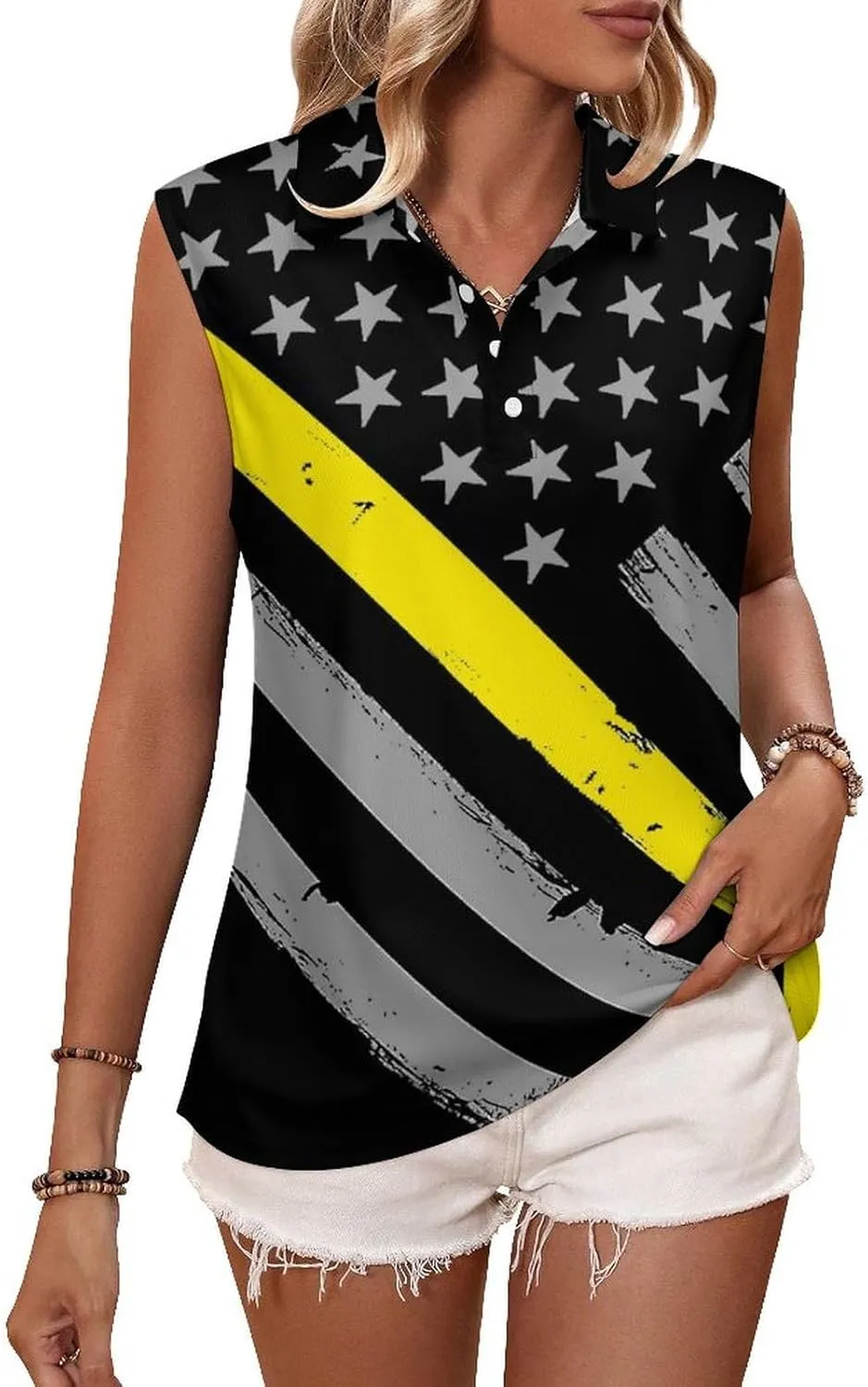 911 Dispatcher Thin Gold Line Flag Women's Sleeveless Golf Polo Shirts Athletic Tank Tops