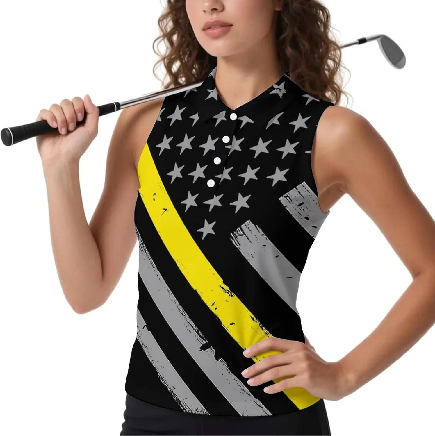 911 Dispatcher Thin Gold Line Flag Women's Sleeveless Golf Polo Shirts Athletic Tank Tops