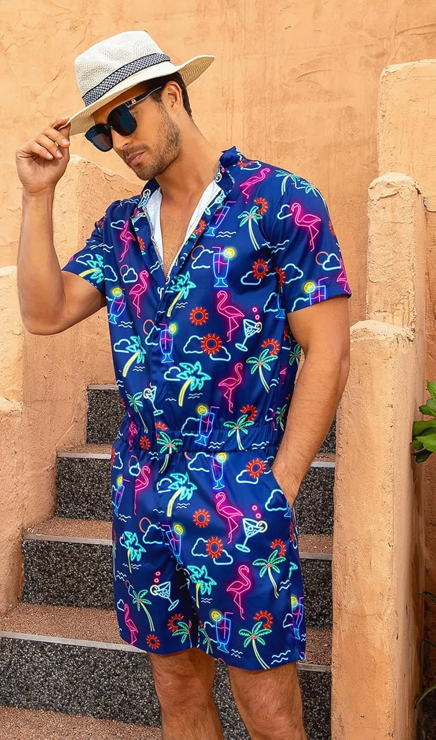 AIDEAONE Mens Casual 3D Printed Short Sleeve Rompers Zip Jumpsuit with Pocket S-XXL