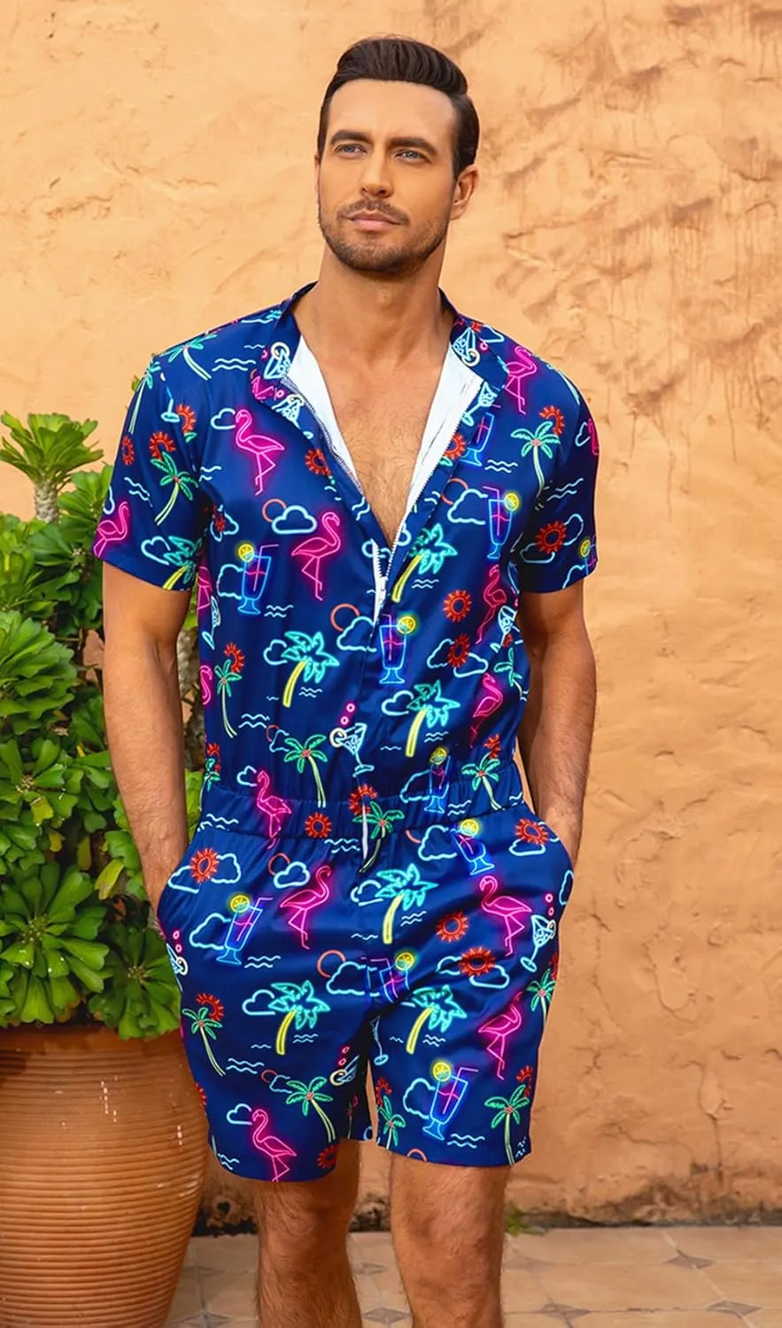 AIDEAONE Mens Casual 3D Printed Short Sleeve Rompers Zip Jumpsuit with Pocket S-XXL