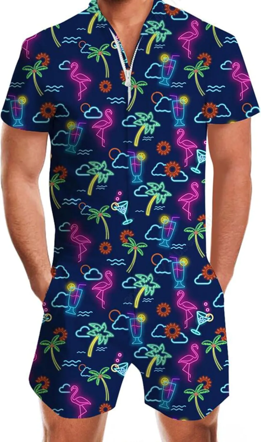 AIDEAONE Mens Casual 3D Printed Short Sleeve Rompers Zip Jumpsuit with Pocket S-XXL