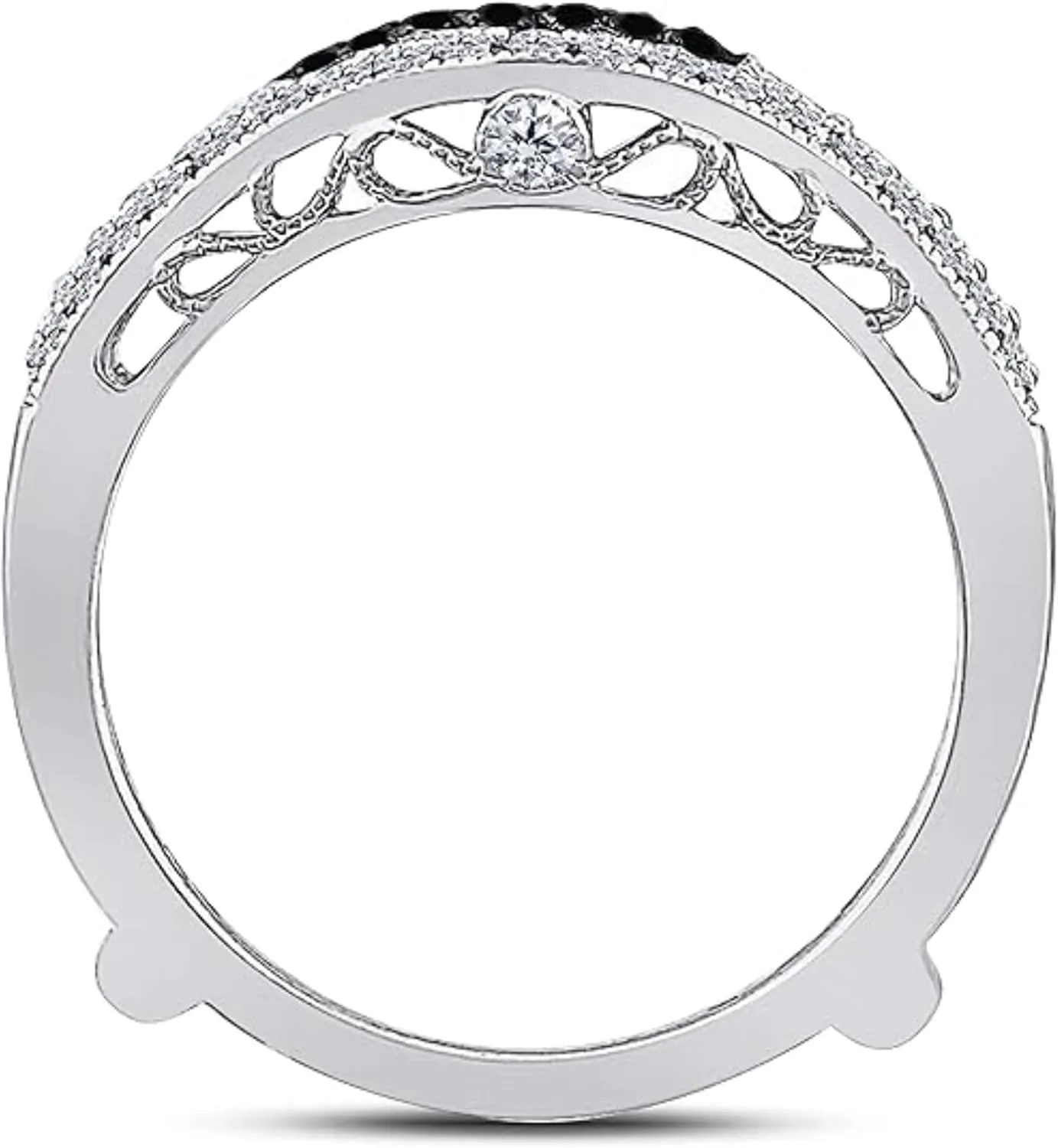 AJU ENTERPRISE Round Cut Black & White Diamond Ring Enhancer in 925 Sterling Silver - Bridal Wedding Engagement Wrap Ring Guard For Womens - Anniversary Ring For Wife