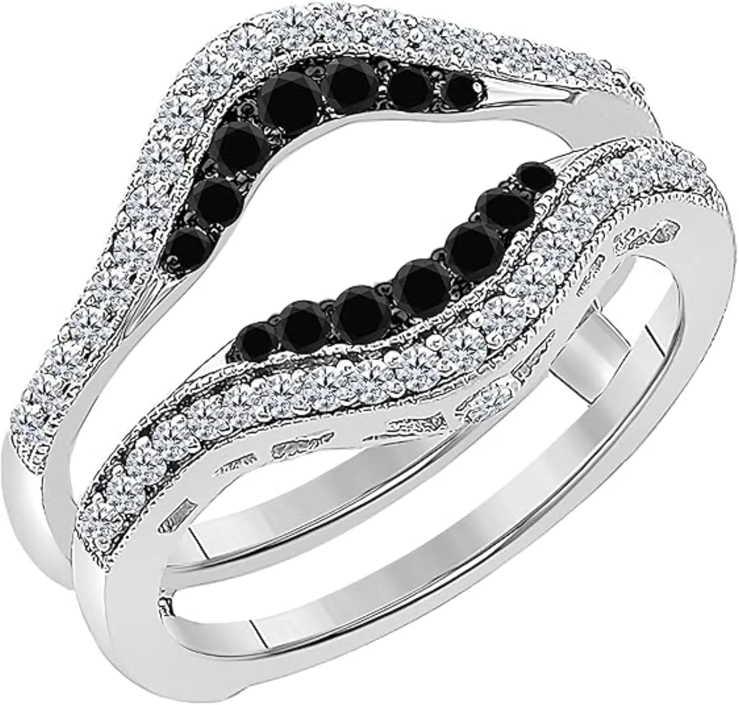 AJU ENTERPRISE Round Cut Black & White Diamond Ring Enhancer in 925 Sterling Silver - Bridal Wedding Engagement Wrap Ring Guard For Womens - Anniversary Ring For Wife